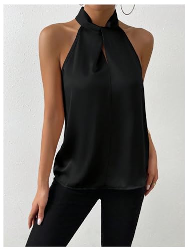 Womens Elegant Twist Front Halter Sleeveless Satin Blouse Keyhole Back Tank Top