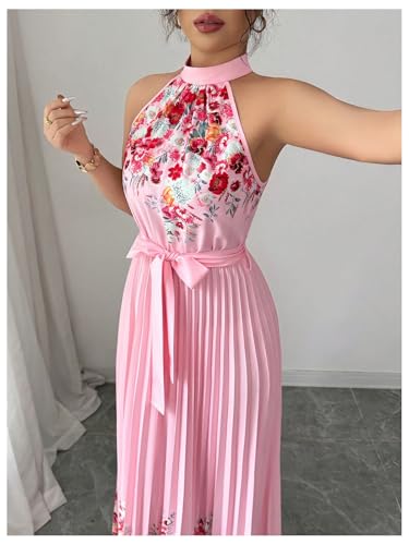 Women's Summer Floral Halter Maxi Dress Sleeveless Pleated A Line Flowy Belted Long Dresses