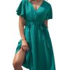 Women's Dresses for Summer V Neck Solid Belt Short Sleeve Knee Length Beach Dress