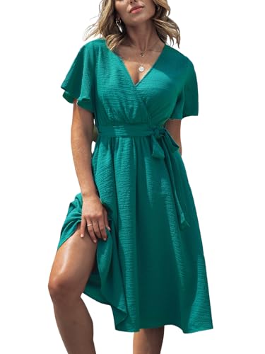 Women's Dresses for Summer V Neck Solid Belt Short Sleeve Knee Length Beach Dress