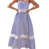 Women's Summer Dresses Sleeveless Straps Striped Casual Lace A Line Long Formal Maxi Dress