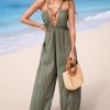 Women's Summer Jumpsuit Plunging Halter Sleeveless Striped Casual Dressy Outfit Wide Leg Pockets Maxi Overall