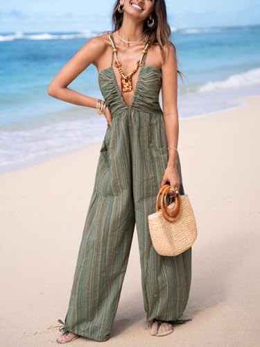 Women's Summer Jumpsuit Plunging Halter Sleeveless Striped Casual Dressy Outfit Wide Leg Pockets Maxi Overall