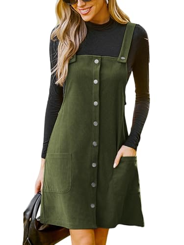 Casual Dresses for Women Square Neck Button Front Sleeveless Pockets A Line Mini Overall Dress
