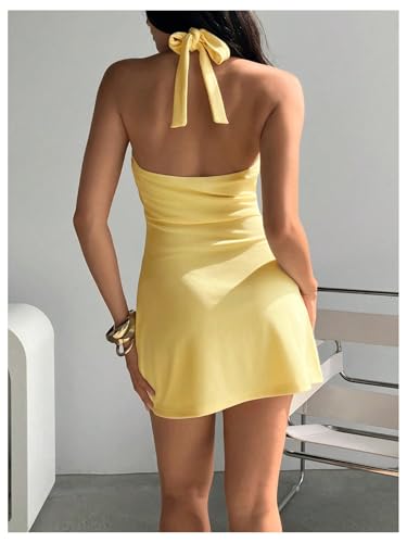 Women's Deep V Neck Halter Fitted Mini Dress Button Down Sleeveless Summer Vacation Dresses