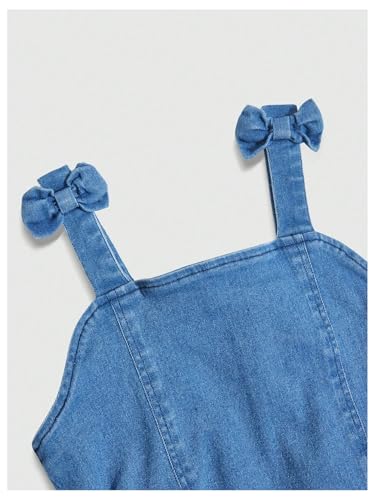Girl's Sleeveless Ruched Ruffle Hem Denim Dress Bow Cute A Line Summer Dress