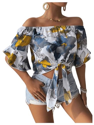Women's Ruffle Half Sleeve Off Shoulder Knot Front Floral Crop Blouses