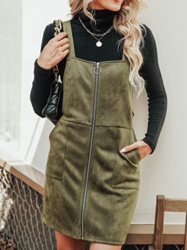 Faux Suede Mini Fall Dresses for Women Square Neck Pull Ring Zipper Front Pockets Wide Straps Casual Autumn Dress