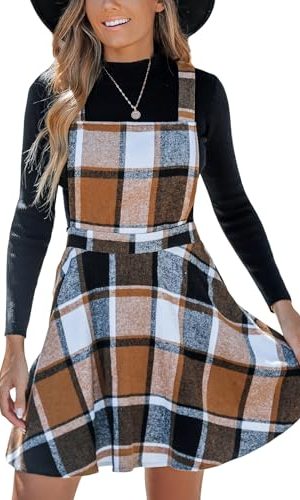 Women's Overall Dress Square Neck Plaid Sleeveless Casual Short A Line Cute Fall Mini Pinafore Dresses