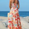 Women's Vacation Summer Dresses Tropical V Neck Elastic Waist Sleeveless Spaghetti Strap Smocked Maxi Dress