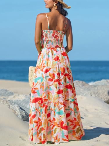 Women's Vacation Summer Dresses Tropical V Neck Elastic Waist Sleeveless Spaghetti Strap Smocked Maxi Dress
