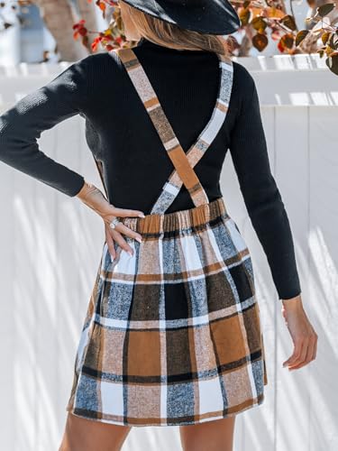 Women's Overall Dress Square Neck Plaid Sleeveless Casual Short A Line Cute Fall Mini Pinafore Dresses