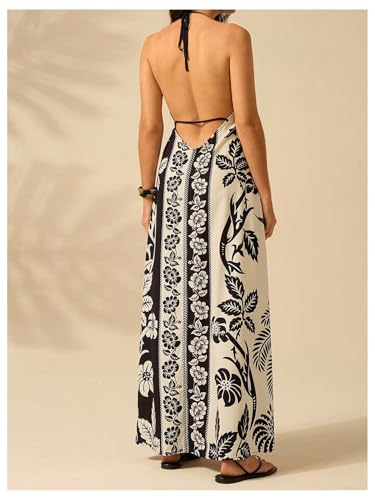 Women's Boho Floral Print Maxi Dress Halter Backless Flowy Long Vacation Beach Summer Dresses