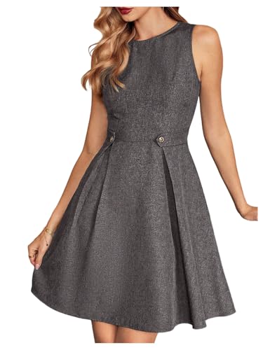 Women's Sleeveless Dresses Elegant A-Line Button Loop Decor Round Neck Sundresses