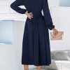 Fall Dresses for Women V Neck Long Sleeve Tunic Waist Slit Solid Color A Line Midi Casual Dress