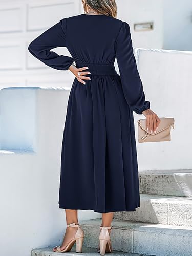 Fall Dresses for Women V Neck Long Sleeve Tunic Waist Slit Solid Color A Line Midi Casual Dress