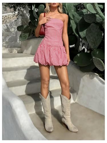 Women's Plaid Strapless Bubble Dress Sleeveless Ruffle Mini Tube Dresses