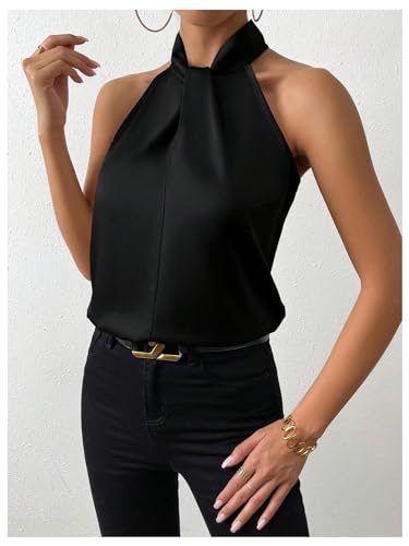 Womens Elegant Twist Front Halter Sleeveless Satin Blouse Keyhole Back Tank Top