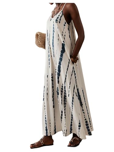 Women's Summer Dress for Women Beach Casual Loose Spaghetti Strap Flowy Maxi Dresses with Pockets