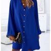Women's V Neck Pullover Shirt Dress A Line Long Lantern Sleeve Flared Loose Mini Dresses