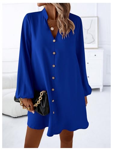 Women's V Neck Pullover Shirt Dress A Line Long Lantern Sleeve Flared Loose Mini Dresses