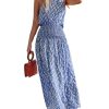 Women's Maxi Dress One Shoulder Sleeveless Smocked Floral Printed Self Tie Boho Long Dress Summer Dress Blue Floral, S