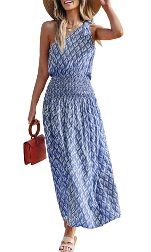 Women's Maxi Dress One Shoulder Sleeveless Smocked Floral Printed Self Tie Boho Long Dress Summer Dress Blue Floral, S