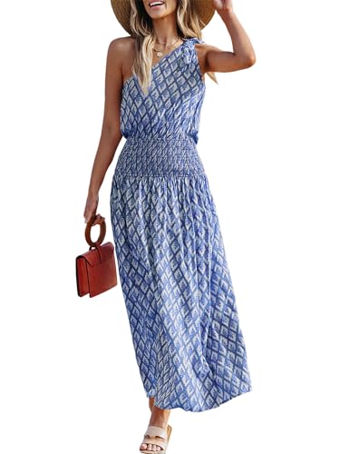 Women's Maxi Dress One Shoulder Sleeveless Smocked Floral Printed Self Tie Boho Long Dress Summer Dress Blue Floral, S