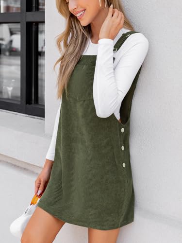 Women's Corduroy Overall Mini Fall Dress Square Neck Adjustable Straps Front Pocket Side Buttons Autumn Dresses