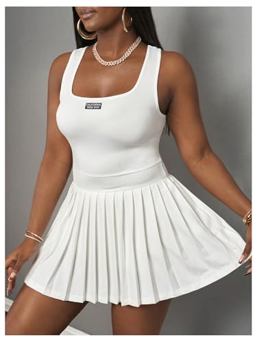 Women's Square Neck Tennis Dress Sleeveless Pleated A Line Summer Mini Dresses with Built in Shorts