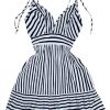 Women's Striped Sleeveless Spaghetti Strap Mini Dress V Neck A Line Short Sundress