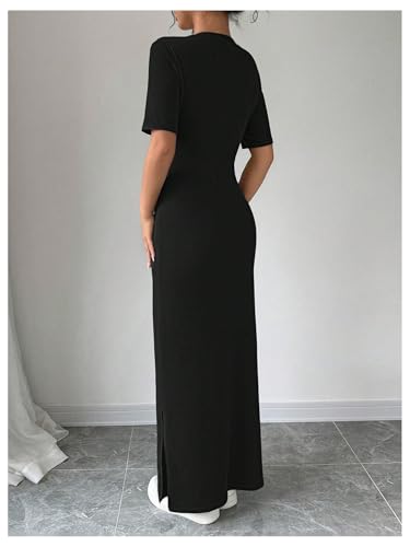 Women's Summer Dress Crew Neck Short Sleeve Split Casual Bodycon Long Dresses
