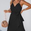 Women Spaghetti Strap Summer Dress Surplice V Neck Wrap Waist Tie Casual Beach Sundress Holiday Vacation Mini Dress