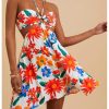 Women's Floral Print Cut Out Sleeveless Halter Mini Dress Holiday Flowy Vacation Dresses