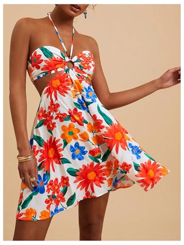 Women's Floral Print Cut Out Sleeveless Halter Mini Dress Holiday Flowy Vacation Dresses
