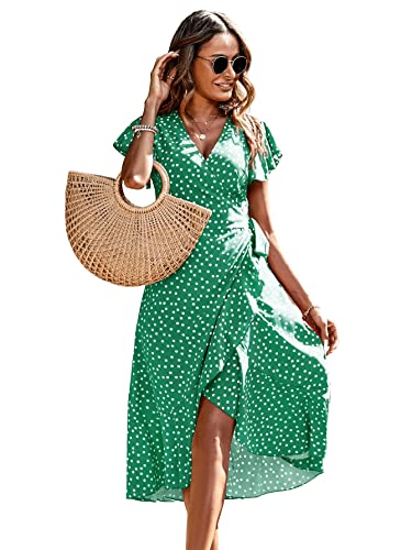 Women's Polka Dots Short Sleeve V Neck Wrap Dress Tie Side Ruffle Midi Dresses