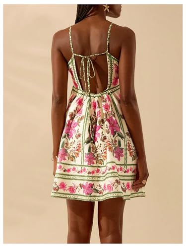 Women's Floral Print Cami Dress Spaghetti Strap A Line Flared Flowy Short Summer Dresses Sundress