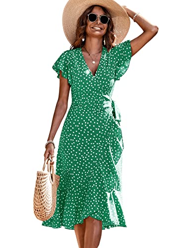 Women's Polka Dots Short Sleeve V Neck Wrap Dress Tie Side Ruffle Midi Dresses
