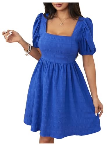 Women's Summer Square Neck Puff Sleeve Dress Casual Vacation Swing A Line Short Dress
