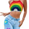 Women's Backless Rainbow Striped Halter Tie Back Tops Sleeveless Knit Crop Top