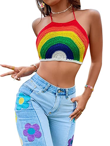 Women's Backless Rainbow Striped Halter Tie Back Tops Sleeveless Knit Crop Top