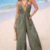 Women's Summer Jumpsuit Plunging Halter Sleeveless Striped Casual Dressy Outfit Wide Leg Pockets Maxi Overall