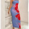 Women's Floral Print Tube Bodycon Long Dress Strapless Sleeveless Summer Maxi Dresses