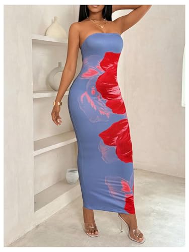 Women's Floral Print Tube Bodycon Long Dress Strapless Sleeveless Summer Maxi Dresses
