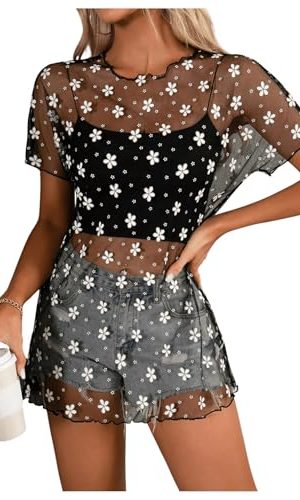 Women's Floral Sheer Mesh Swimsuit Coverups Short Sleeve Mini Beach Dresses
