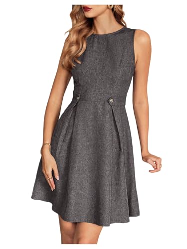 Women's Sleeveless Dresses Elegant A-Line Button Loop Decor Round Neck Sundresses