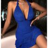 Women's Summer Halter Bodycon Mini Dress Sexy Deep V Ruffle Party Cocktail Cami Dresses