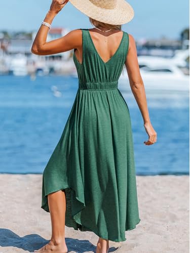 Women's Summer Casual Maxi Dress V Neck Sleeveless Elastic Waist Flowy Long Dress