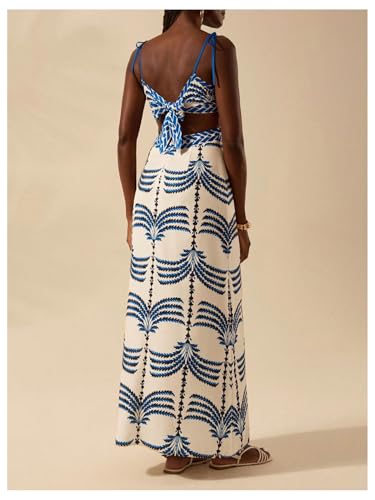 Women's Summer Maxi Dress Boho Print Tie Shoulder Spaghetti Strap Cut Out Tie Back Cami Dresses Sundress