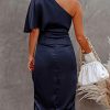 Women's Satin Dress Backless One Shoulder Short Sleeves Midi High Low Hem Cocktail Party Dress